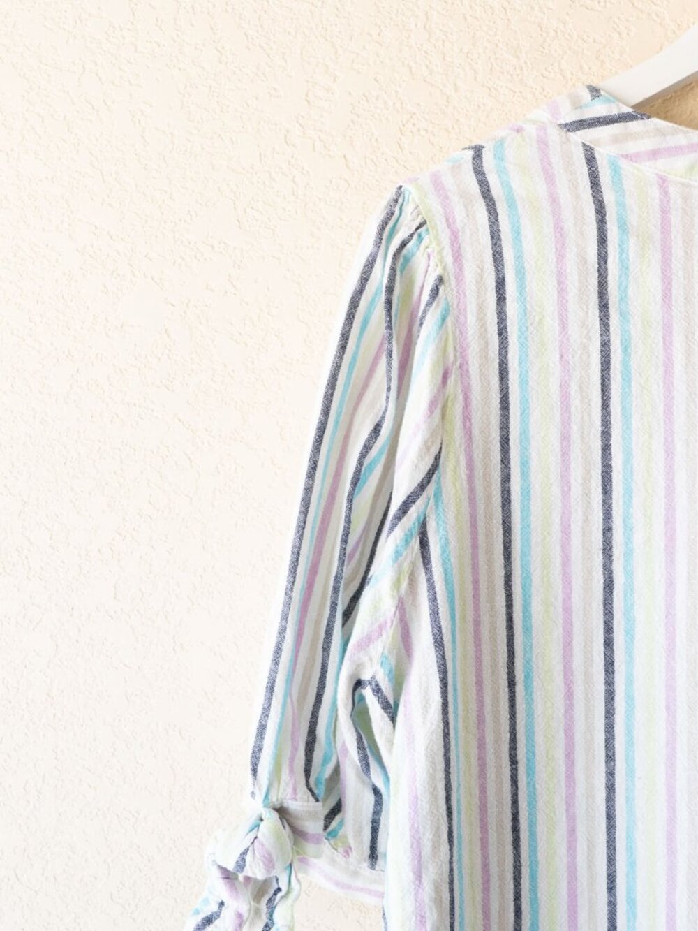 Kim Rogers Linen Blend Top XL Pastel Stripe Tie Sleeve Popover Blouse Coastal - Picture 11 of 14